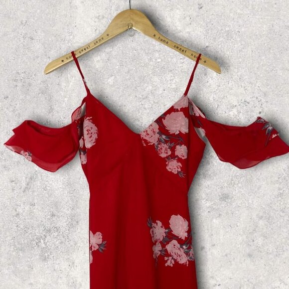 Lulus‎ Ruffle Floral Maxi Dress Red High Low Size XS Cold Shoulder In Bloom Boho - Picture 6 of 13